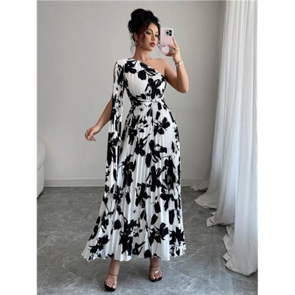 NEW - Elegant Women's Floral Pleated Elegant One Shoulder Dress - Picture 1 of 7
